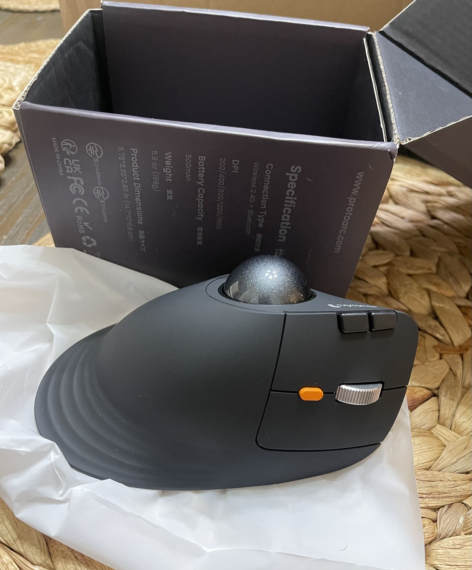 Ergonomic trackball mouse with multi-device connectivity and 62° tilt for natural wrist position. 500mAh rechargeable battery for extended use. Try no