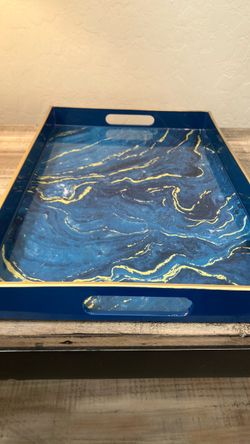 Blue & Gold Marble Decorative Serving Tray (16" x 10" x 2")