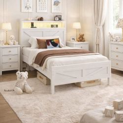 Twin Bed Frames with Charging Station, Twin Size Metal Platform Bed Frame with LED Lights, Farmhouse Barn Doors Design, Storage Headboard, No Box Spri