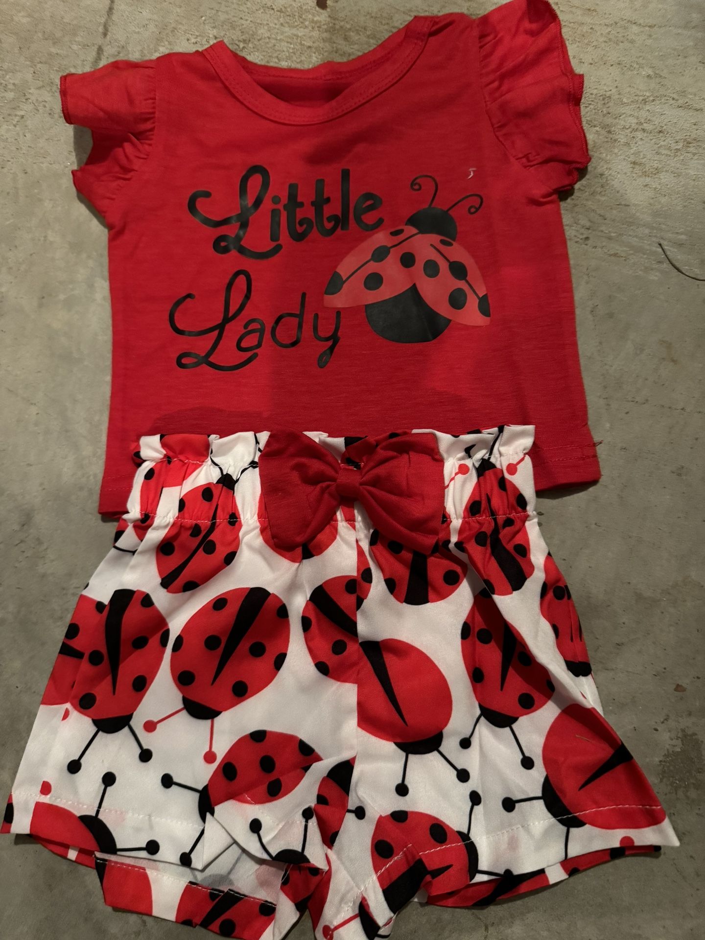Baby's "Little Lady" Print 2pcs Casual Summer Outfit, Short Sleeve Bodysuit & Ladybug Full Print Shorts Set, Toddler & Infant Girl's Clothes For Daily