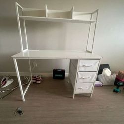 Modern White Desk w/ Hutch, Drawers & Built-In Outlets