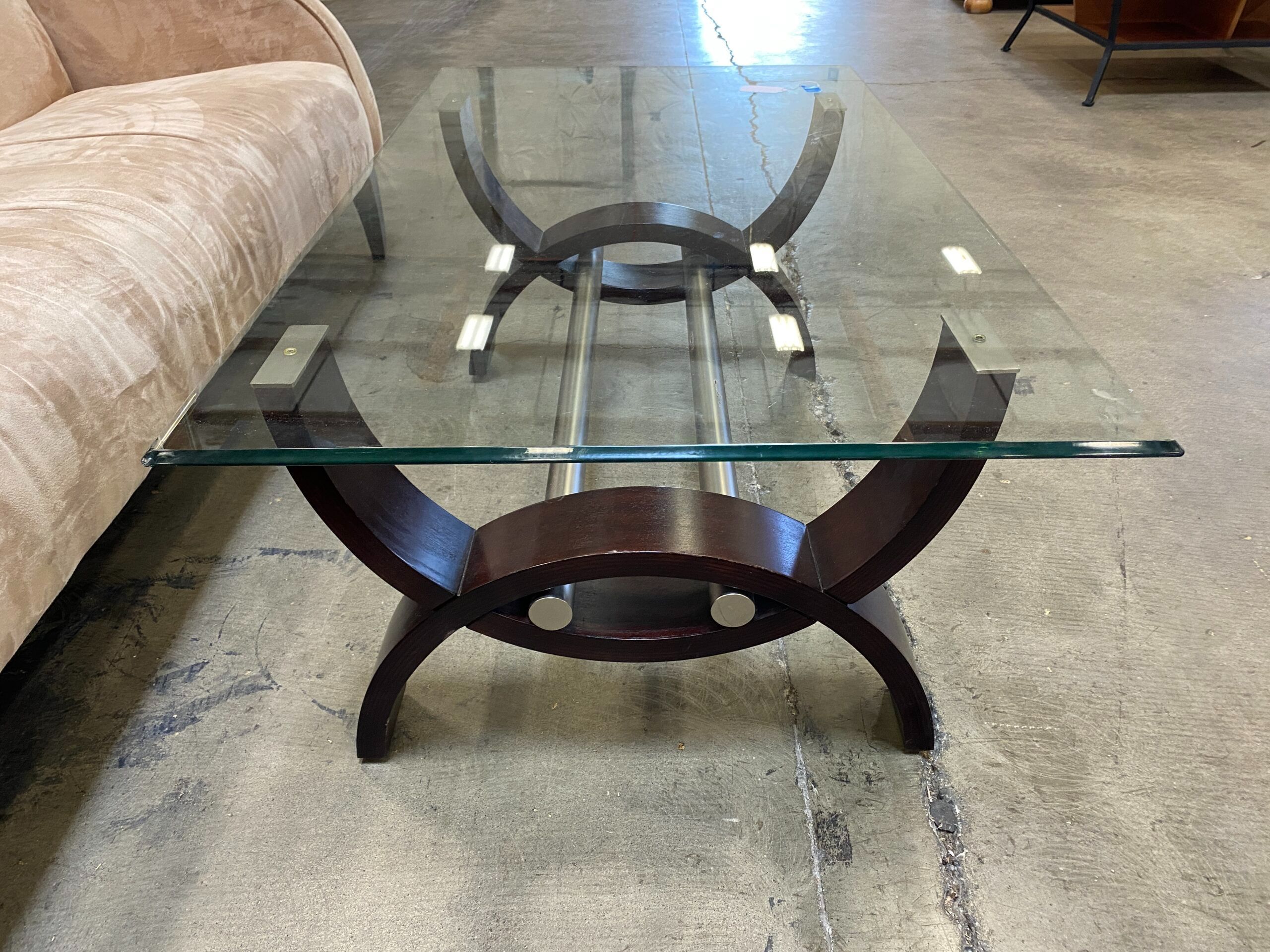KLAUSSNER Quantum Curved Wood Base Coffee Table with Glass Top