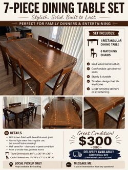 Dining Table Set - Solid Wood 7-Piece $300