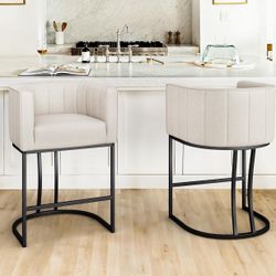 LUE BONA 26.4" H Counter Height Bar Stool, Modern Barrel Counter Stools with Supporting Backrest and Arms, Black Metal Frame, Linen Fabric Upholstered