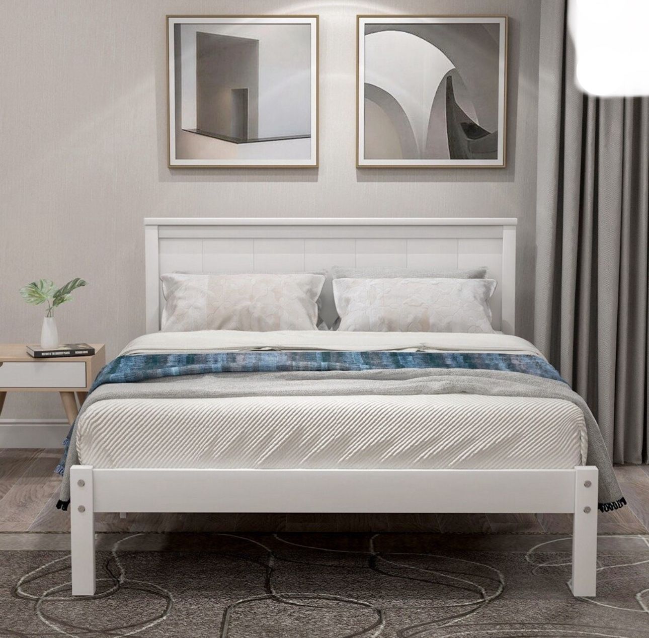 Modern Platform Bed Frame with Headboard White Twin, New in Box