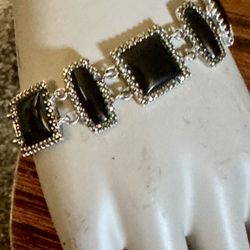 925 Sterling Silver Vintage  ART DECO Black Onyx & Marcasite Panel Chain Bracelet Size 7.75 