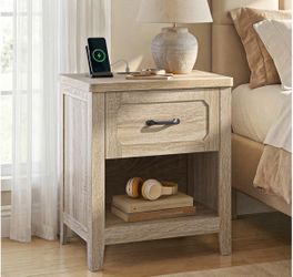 Brand: PIXOURA 5.0 5.0 out of 5 stars (5) Farmhouse Nightstand with Charging Station, Drawer & Open Shelf