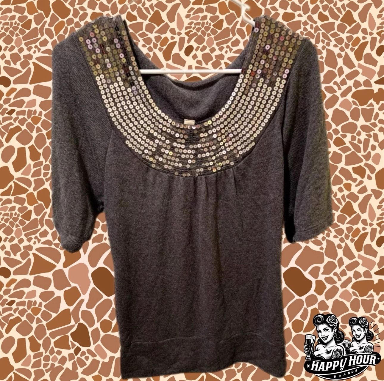 L.A. Blues Womens Gray Sequin Elbow Length Size XL Sweater Blouse Top New WO Tag