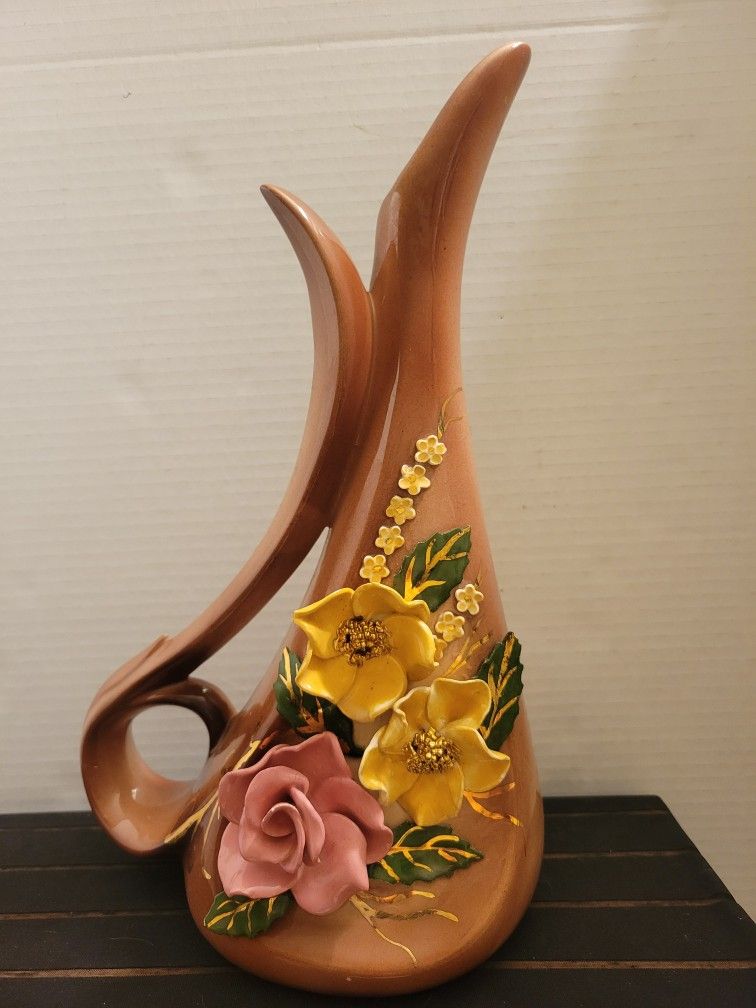 Vintage Hand Thrown Pottery Pitcher Vase 1960s Brown Glaze 3d Flowers 12.5" Tall