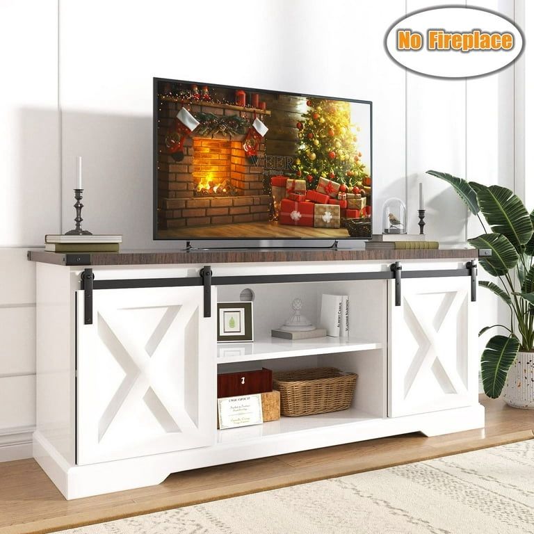 Farmhouse Barn Door TV Stand for up to 65" TVs & 23" Electric Fireplace, Entertainment Center Console Table with Adjustable Shevles