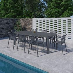 Brand New 9 Pieces Rectangular Grey Stackable Dining Set Made Of Die-cast Aluminum For Outdoor & Patio Furniture
