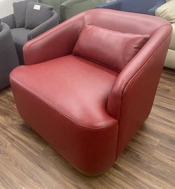 (1) New Swivel Barrel Leather Accent Chair w/Heavy-Duty Base, Wine Red 