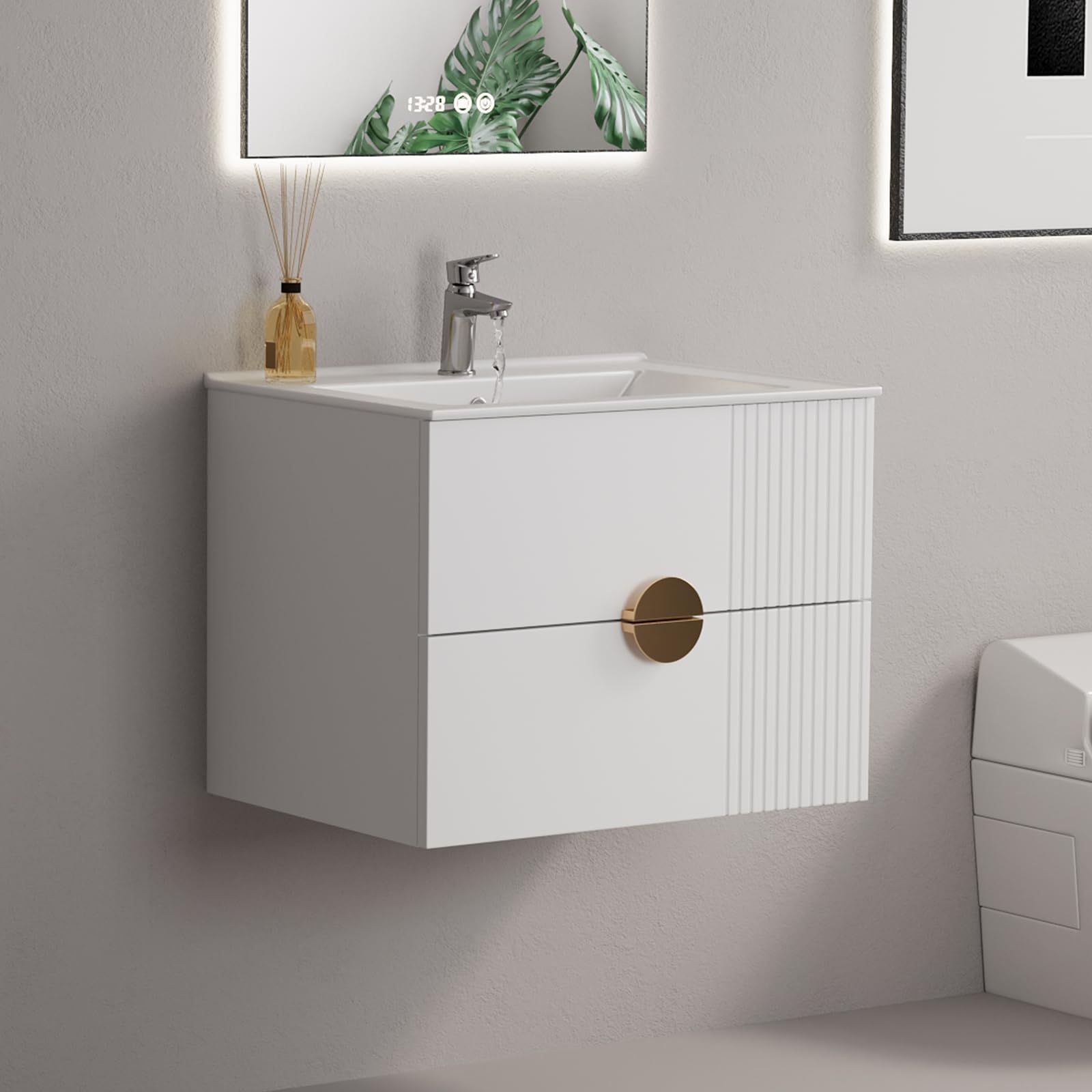 24'' Bathroom Vanity Cabinet with Sink Como, Wall Mounted Floating Cabinet with 2 Drawers, Soft-Close System, Metal Handles,U-Shaped Drawer Design(Whi