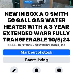 NEW 50 gallon GAS WATER HEATER WITH A 3 YEAR EXTENDED WARRANTY FULLY TRANSFERABLE 10/5/24