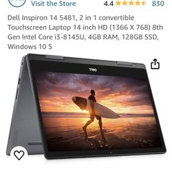 Dell Inspiron 14 5481, 2 in 1 convertible Touchscreen Laptop 14 inch HD (1366 X 768) 8th Gen Intel Core i3-8145U, 4GB RAM, 128GB SSD, Windows 10