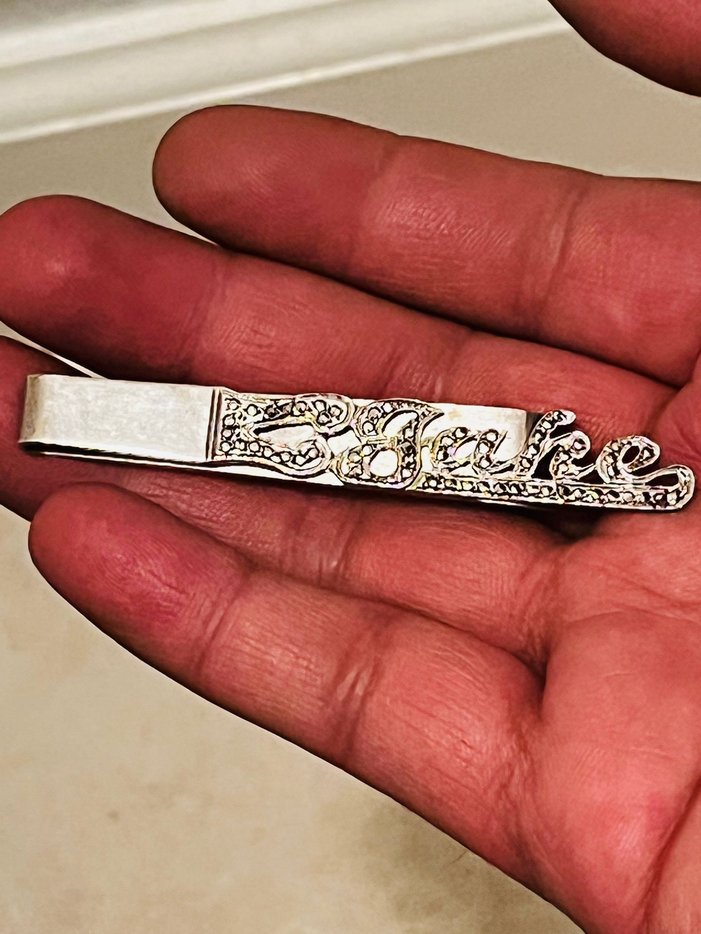 Crown Jlry Co. Heavy Large Personalized Tie Clip  Sterling Silver Marcasite Stones