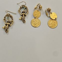 Gold color mermaid earrings 1.5" long sea siren mermaid tail pendant little and set women earrings 