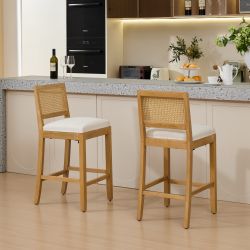 Homy Casa Full Solid Wood Rattan-Back Bar Stool Set of 2, Beige Open Box