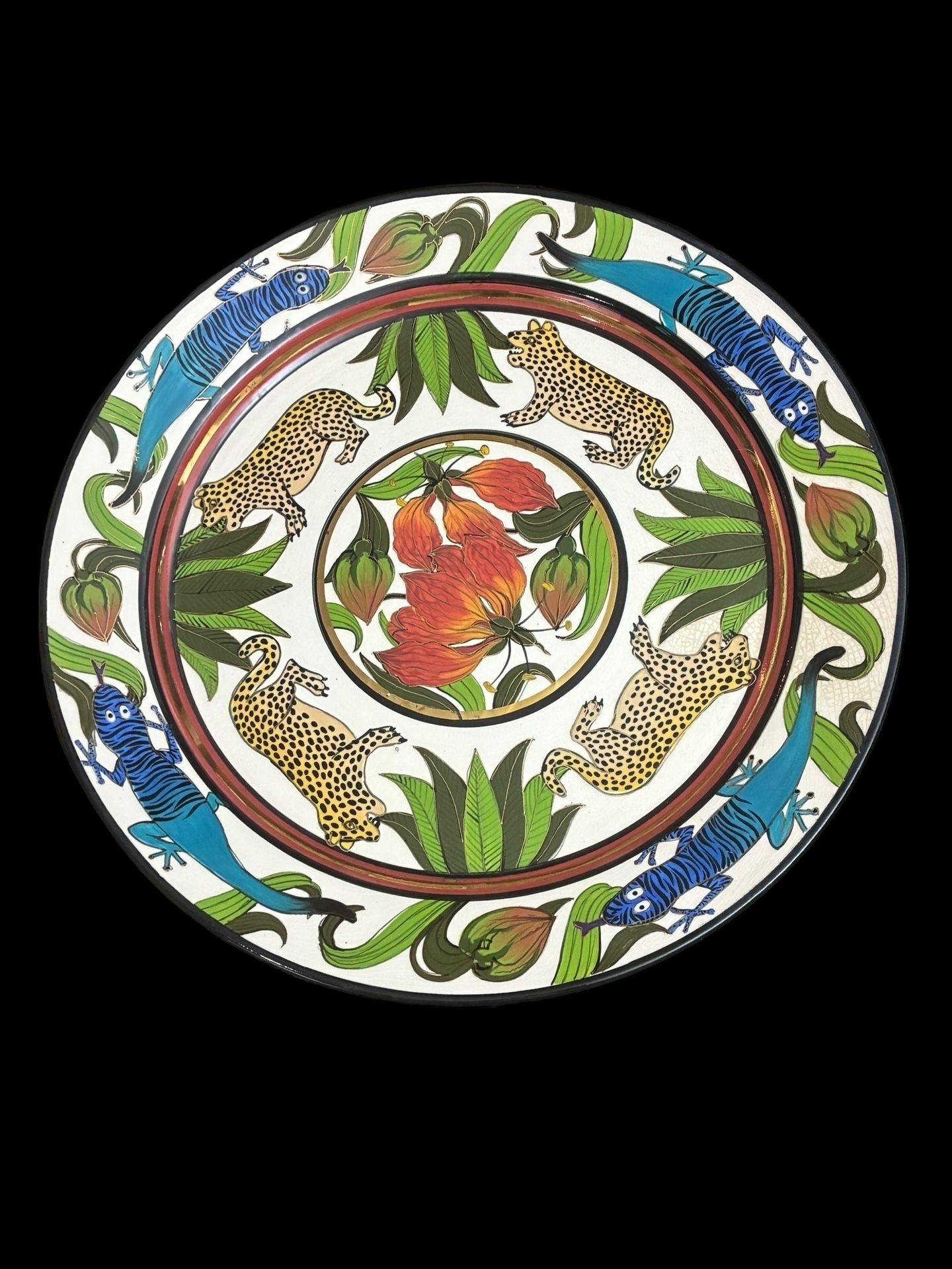 π¦ Brian Ubsdell Hand-Painted Porcelain Charger β Leopard Gecko & Tropical Floral β Signed 1999