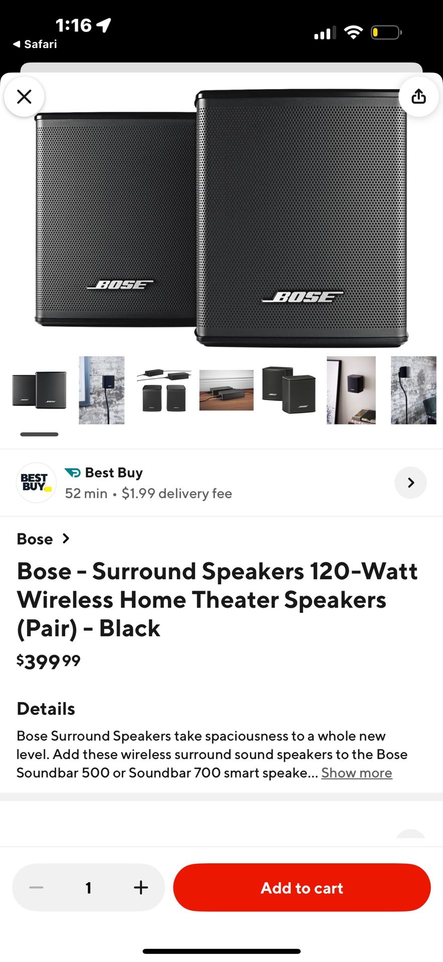 Bose - Surround Speakers 120-Watt Wireless Home Theater Speakers (Pair) - Black