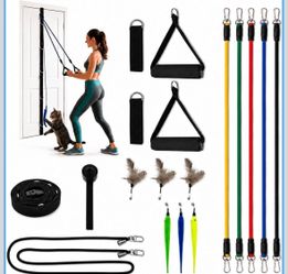 Cat Trainer Resistance Bands 10-50LBS with Door Anchor, Home Gym Set 5 Bands Stack 150LBS. TPE/Latex-free. Cat Teaser Built-in Clip — Clip Bands, Ring