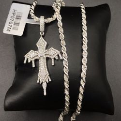 925 Sterling Silver 1.59CT  Moissanite Dripping Cross Pendant Rope Chain Necklace Size 20”