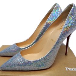 NEW Christian Louboutin decollete 554 100 pump heel, Glitter, Silver Paillettes 9 US Women Gift Party Holidays Wedding Christmas 