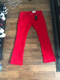 FWRD RED DENIM STACK JEANS WITH RHINESTONES