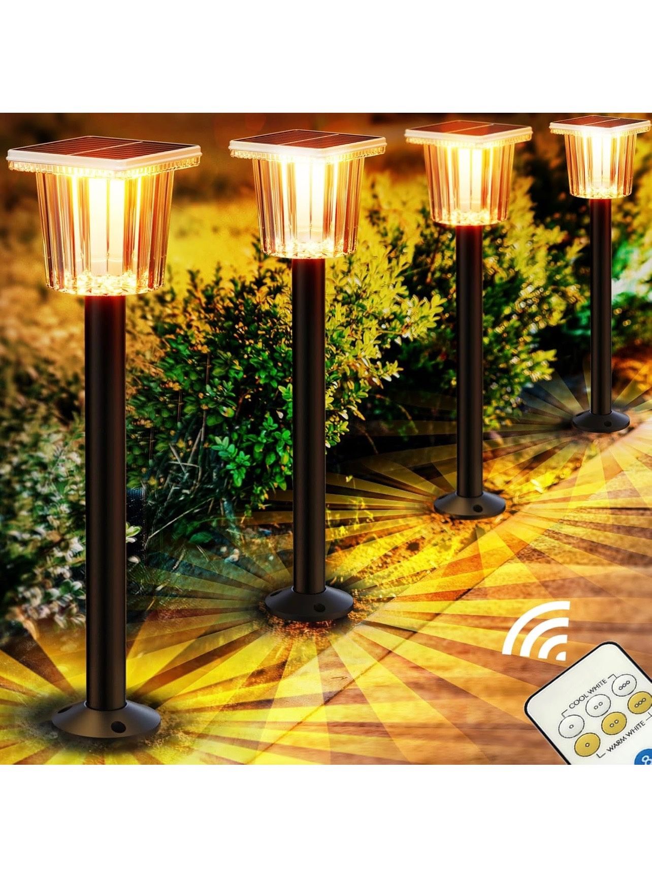 NEW IN BOX Solar Pathway Lights Outdoor 4 Pack,1500mAh 12H Lasting Path Lights Solar Powered with 2 Controllers,