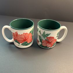 Vintage 1991 Hummingbird & Hibiscus Mugs Set of 2