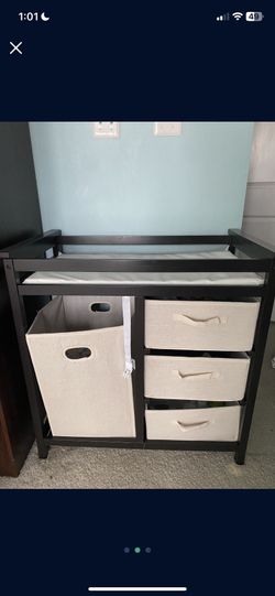 Pre-Assembled Wooden Baby Changing Station With 3 Drawers And Hamper