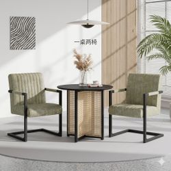 Brand New Rattan Table And 2 Leather Chairs 