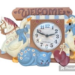 Vintage WORKING Burwood Homco New Haven “Welcome” Wall Clock Geese Cat Horse Design USA
