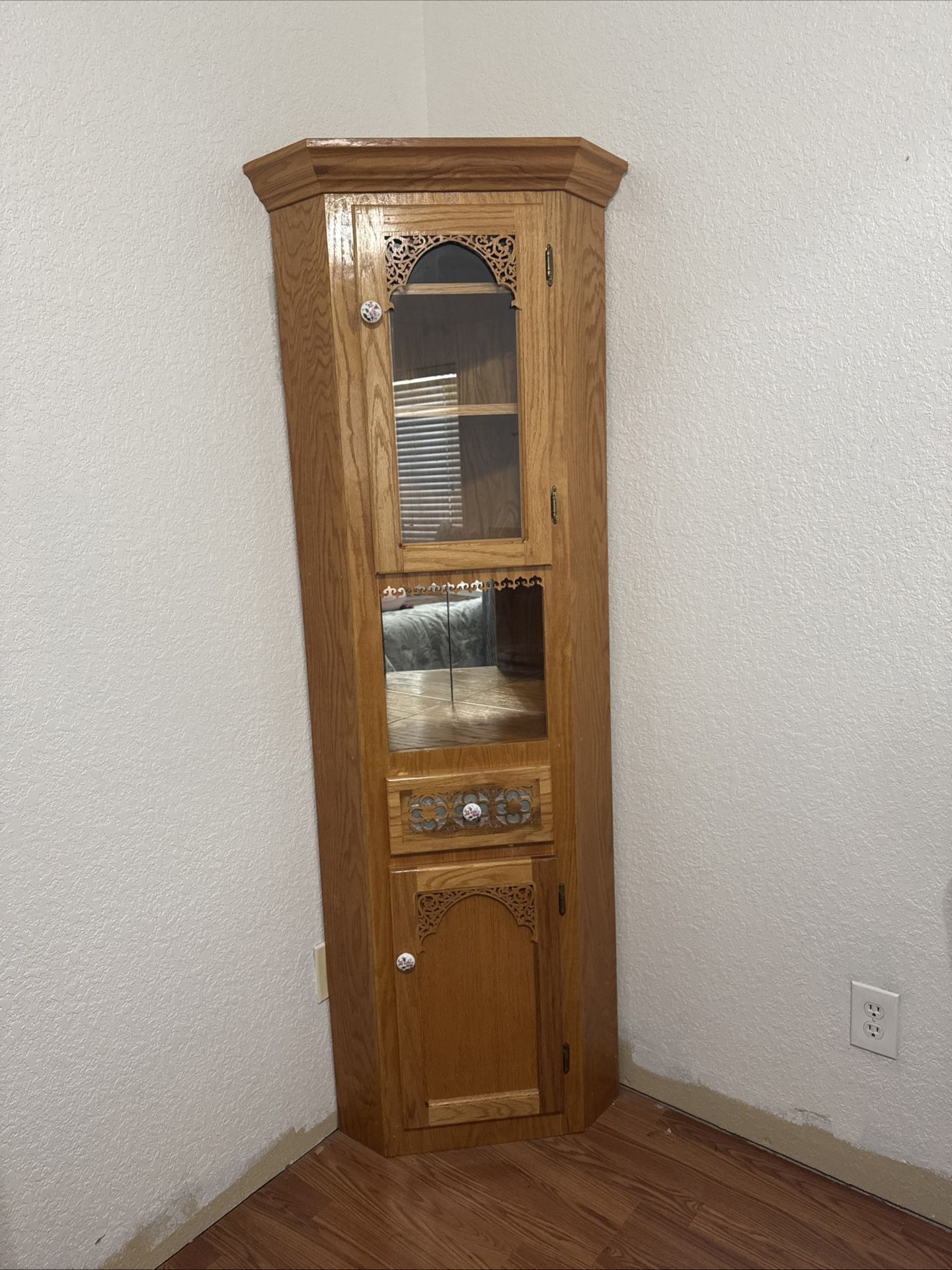 Handmade Wooden Corner Cabinet with Glass Doors and Mirrored Back
