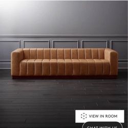 CB2 Forte 101" Extra-Large Channeled Saddle Leather Sofa with Walnut Base