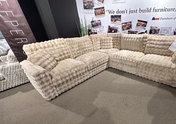 Large Cream Faux Fur Sectional Sofa