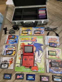 Nintendo Game Boy Advance SP (Flame Red) + 13 Games (Pokémon Sapphire, Kirby, Sonic) & Case