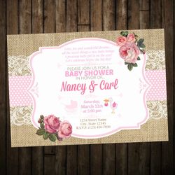 Floral Lace Burlap Party or Girl Babyshower Invitation