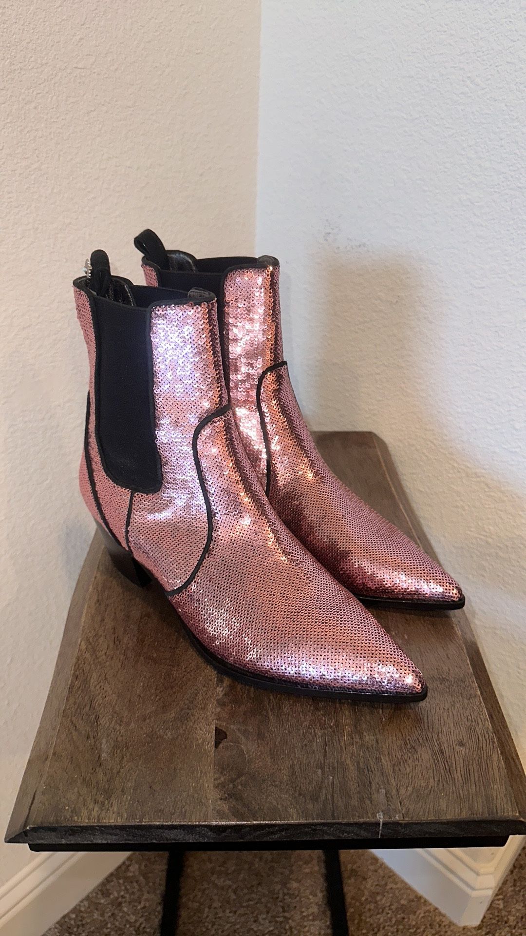 Paige Willa Chelsea Booties Pink Sequined Ankle Gored Boots 7.5