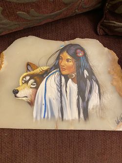 Native American Indian Painting On Marble Slab