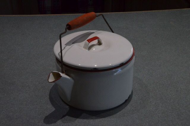 White Enamel tea pot with red high lights