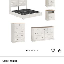 AMERLIFE 5 Piece Bedroom Set, Including Farmhouse King Size Bed Frame with 4 Drawers, 7 Drawer Dresser & 6 Chest of Drawers, 2 Nightstands with Chargi