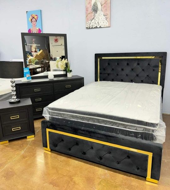 Brand New/ Black /Gold Panel Bedroom Set,  Dresser, Mirror, NightStand, Bed/ Mattress Sold Separately 