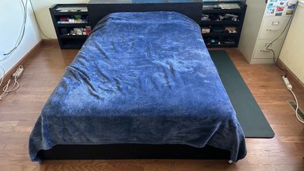 Queen Bed with Headboard & side shelves that slide & hide under