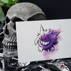 Gengar Pokémon Ghost Series Postcard - Limited Edition Ink & Watercolor Art Print for Spooky Season + Halloween