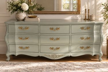 Elegant French Provincial 9-Drawer Dresser | Sage Green & Antique Gold