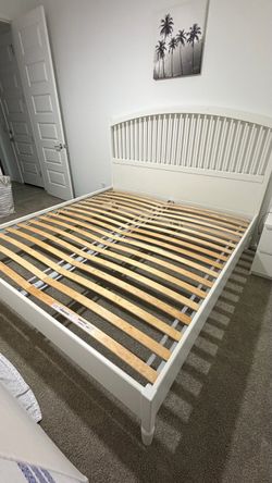 White Wood King Bed Frame with Slatted Headboard