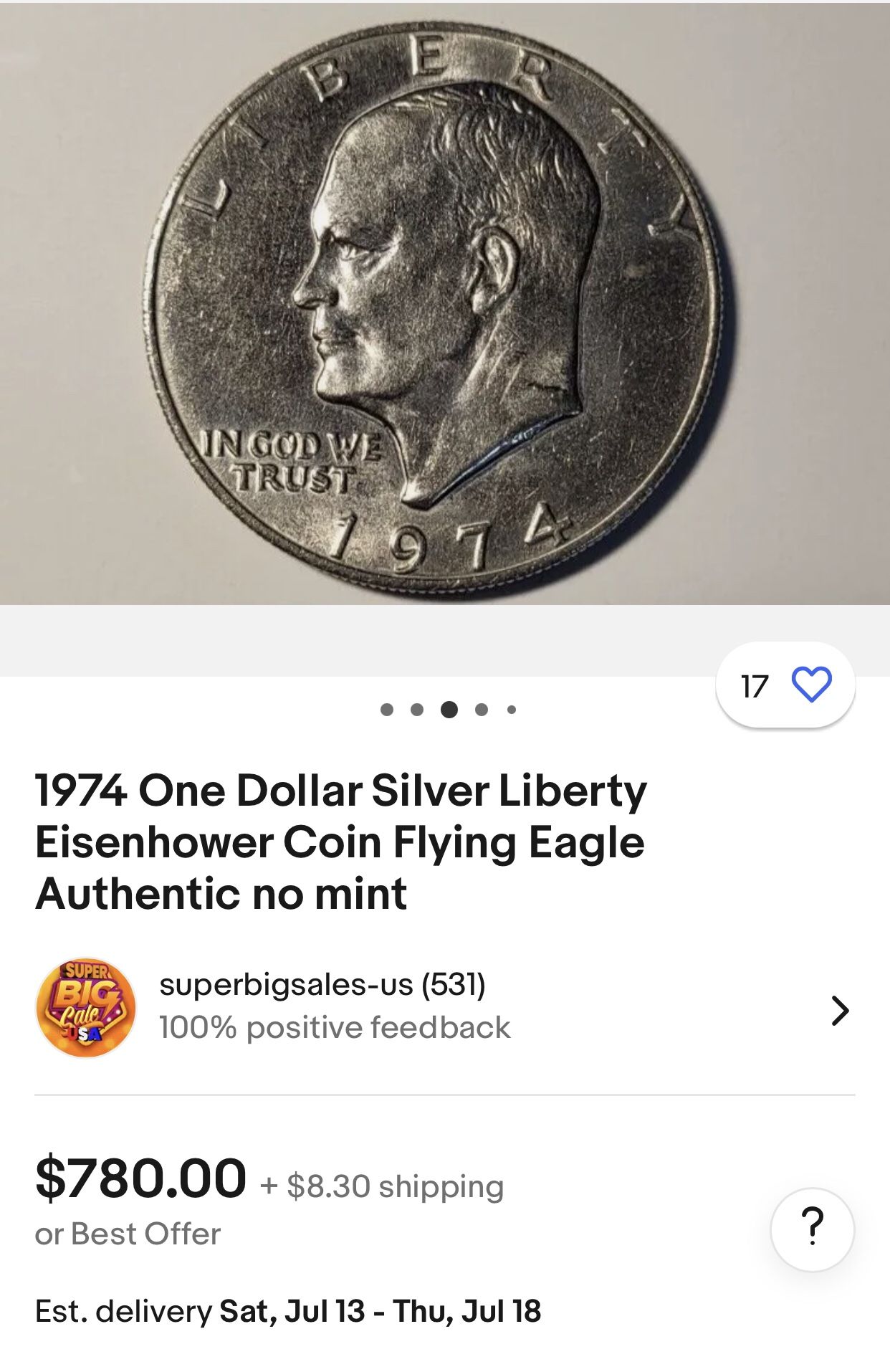 Vintage 1974 One Dollar Silver Liberty