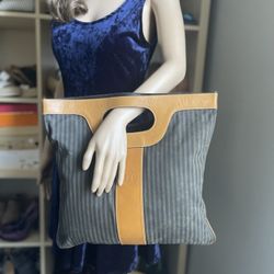 FENDI PEQUIN STRIPE Brown CANVAS LEATHER VINTAGE CUT OUT 1980s CLUTCH HANDBAG