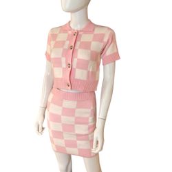 Pink White Check Two Piece Light knit Sweater Skirt Sweater Sz Small